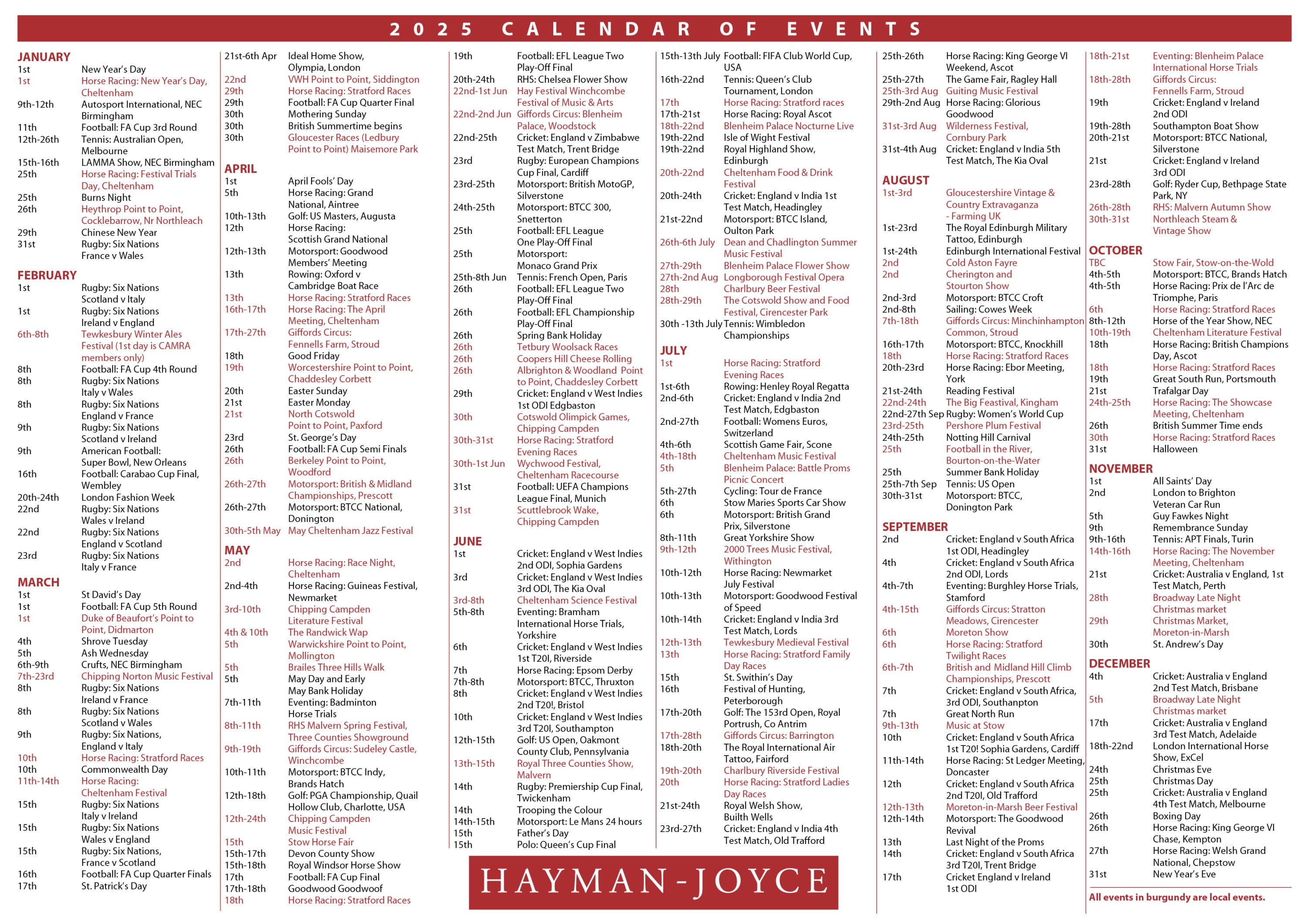 Calendar of events 2025 Hayman-Joyce