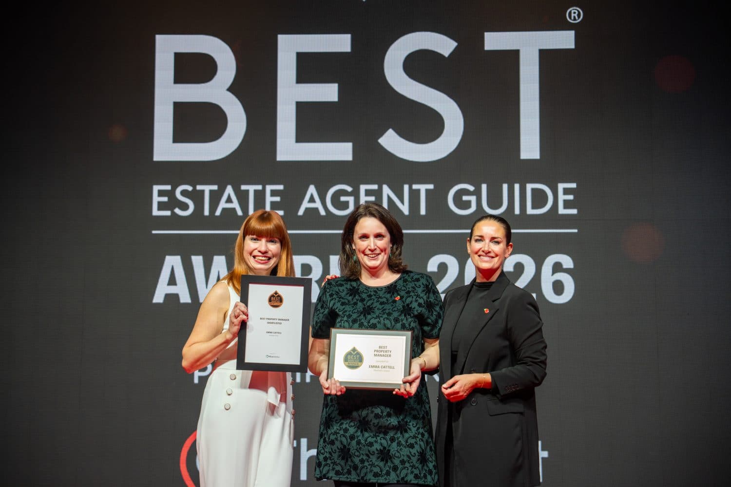 CAPTION: Best Property Manager – Emma Cattell, Senior Sales Negotiator, winning Best Property Manager at the 2025 EA Masters People Awards – along with Suzanna Mavity from Acaboom and Kirsty Gallacher, British television presenter and model.